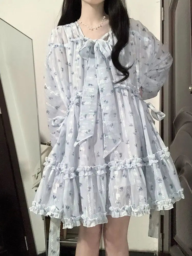 liwuka Fairycore Cute Floral Blue Lolita Dress Women Kawaii Japanese Style Sweet Ruffles Long Puff Sleeve Mini Dresses Autumn