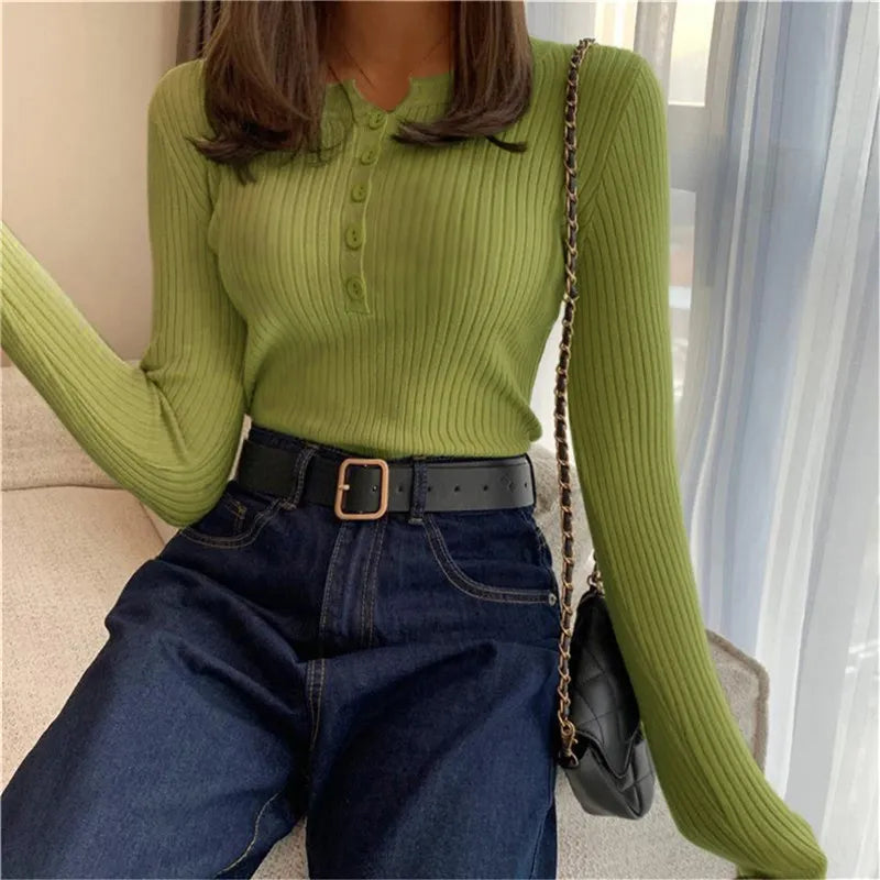 liwuka Women Sweaters Cute Button Up O-Neck Long Sleeve Pullovers Autumn Knitted Bottoming Shirts Korean Single Breasted Undercoat Tops