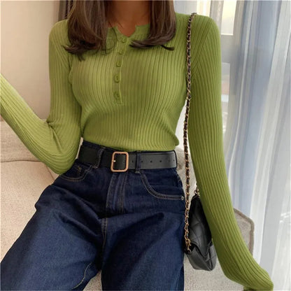 liwuka Women Sweaters Cute Button Up O-Neck Long Sleeve Pullovers Autumn Knitted Bottoming Shirts Korean Single Breasted Undercoat Tops