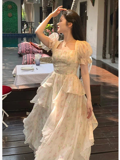 liwuka One Piece Dress Korea Fairy Floral Midi Dress Women Puff Sleeve Elegant Vintage Dress Female Party Dress Office Lady Summer