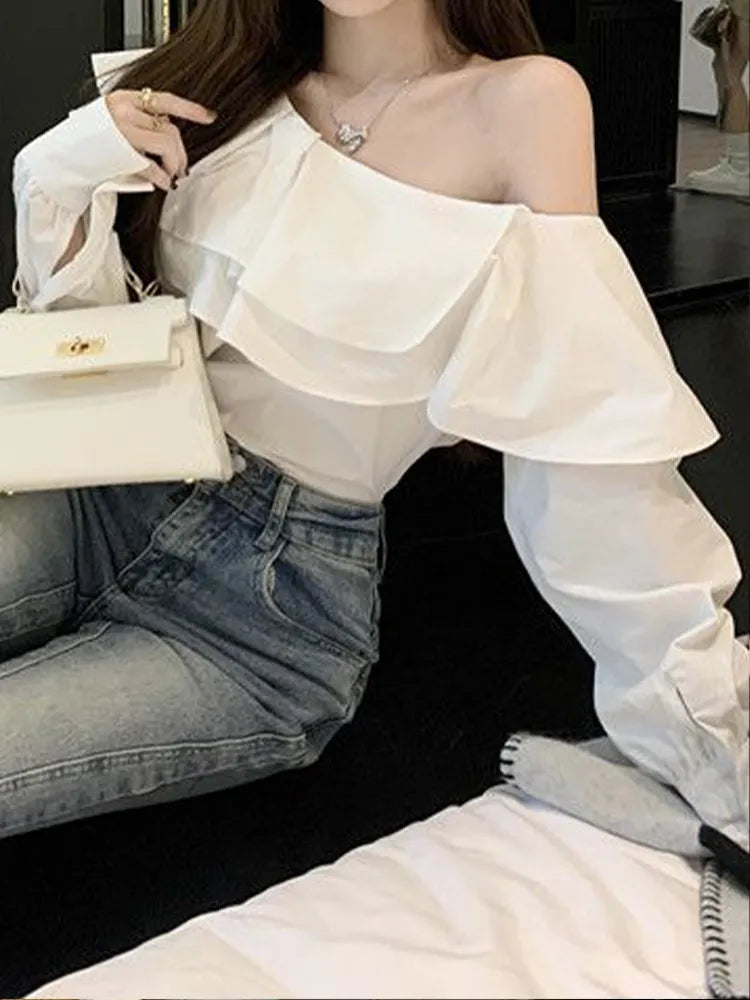 liwuka Korean Fashion White Shirts Women Spring Long Sleeve Slash Neck Casual Blouses Elegant Off Shoulder Ruffles Ladies Tops Blusas