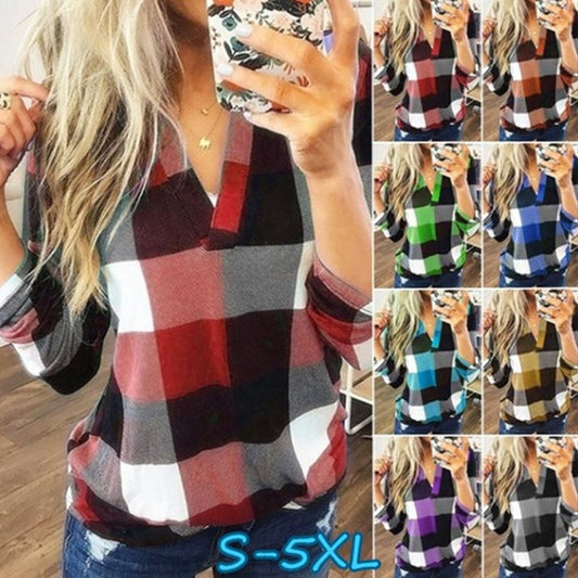 Vintage Basic Style Lattice Shirt S-5XL Plus Size Women Cotton Casual Blouse V Neck Long Sleeve Womens Tops and Blouses 8 Colors