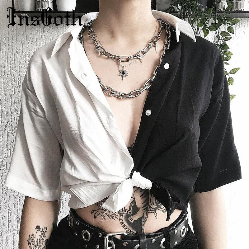 liwuka Harajuku Loose Tops Women Black White Patchwork Shirt Streetwear Fashion Casual Tees Korean Sexy Crop T-shirts Y2k