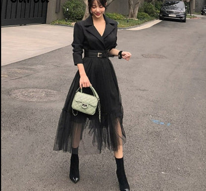 liwuka Elegant Blazer Dresses   Spring Casual Mesh Patchwork Notched Collar Long Sleeve With Belt Midi Dresses Big Swing Vestidos