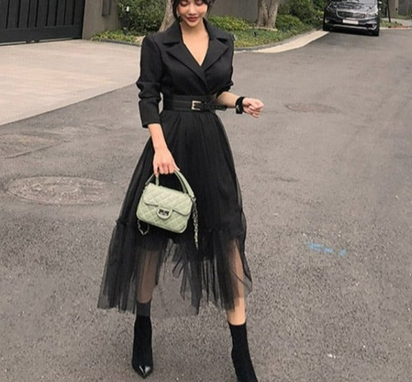 liwuka Elegant Blazer Dresses   Spring Casual Mesh Patchwork Notched Collar Long Sleeve With Belt Midi Dresses Big Swing Vestidos