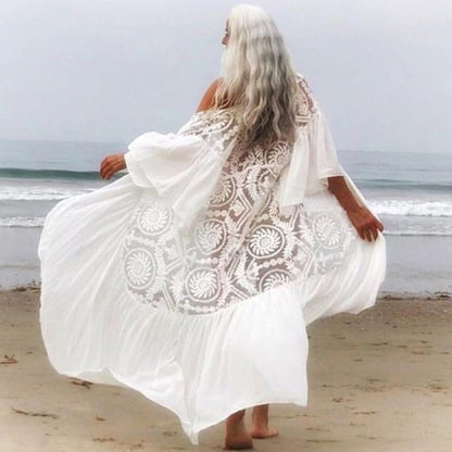 Sexy Lace Chiffon Beach Dress Women Bikini Swimsuit Cover Up Long Beach Dress Tunics Long Sleeves Beach Cover Up Robe De Plage