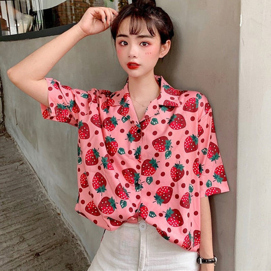 liwuka New Women Blouses Holiday Casual Short Sleeve Tops Ladies Strawberry Printed Shirt Korean Summer Fashion Women Clothing