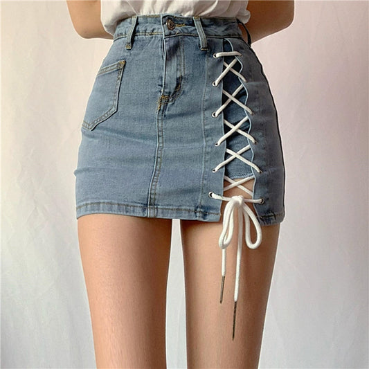 liwuka Summer Denim High Waist Criss-cross Bandage Skirt Shorts Women Fashion Sexy Tight Elastic Short Jeans Womens Clothing