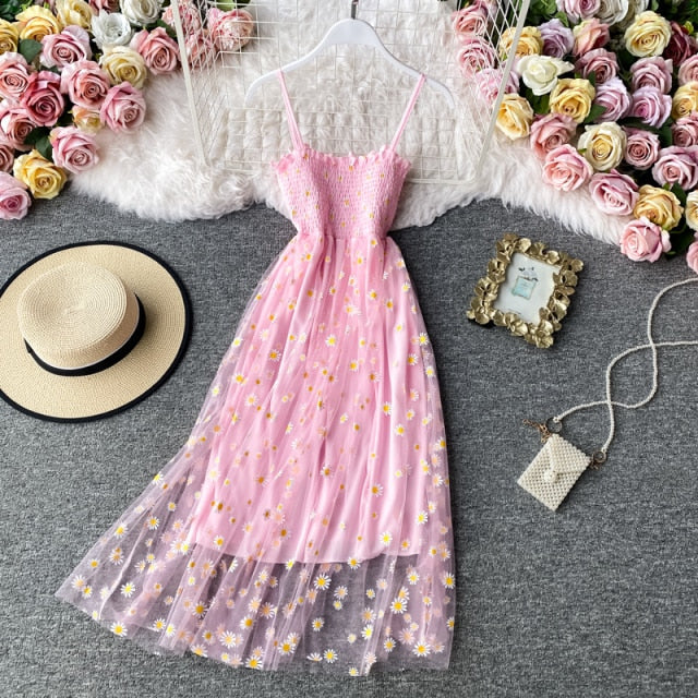 liwuka Slip Dress Long Mesh Floral Dress Women Vintage Elegant Sexy Beach Dresses Woman Party Night  Korean Kawaii Ruffle Backless