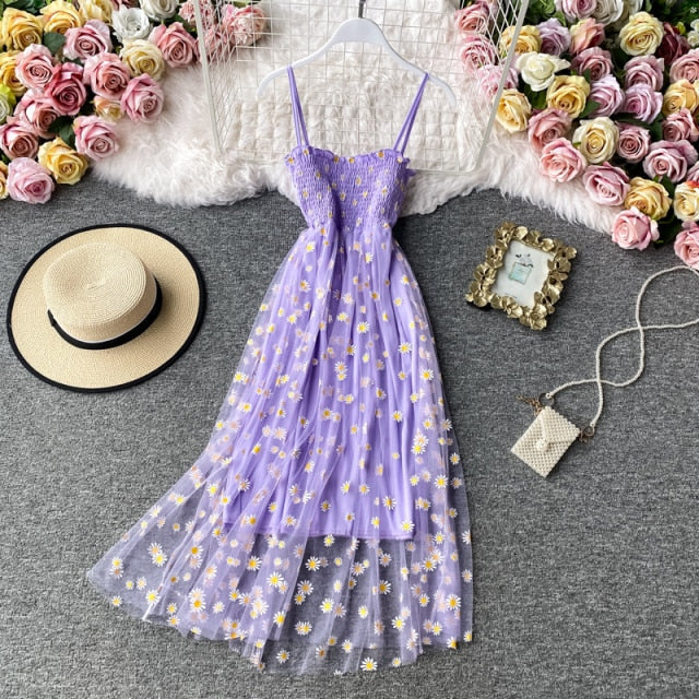 liwuka Slip Dress Long Mesh Floral Dress Women Vintage Elegant Sexy Beach Dresses Woman Party Night  Korean Kawaii Ruffle Backless