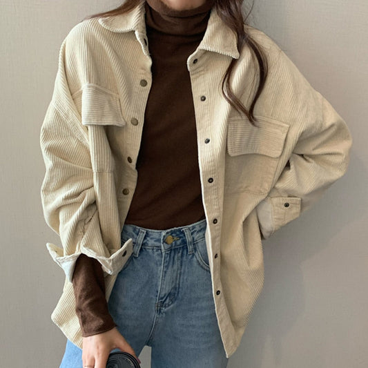 liwuka Spring New Women Solid Corduroy Shirts Jackets Full Sleeve Turn-Down Collar Oversize Coats Casual Autumn Basic Outwear