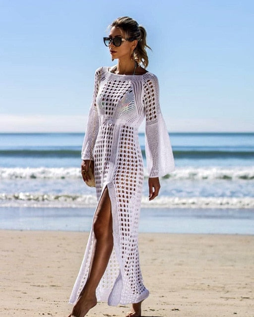 Knitted Beach Dress Beach Cover up Crochet Tunic Beach Pareo Beach Praia Cover Salida de Playa Beachwear Cover up