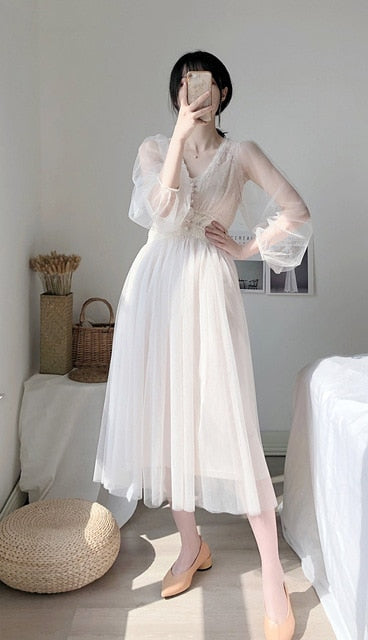 White Dress Elegant Fairy Chiffon Off Shoulder Dress Maxi Long Sleeve Sexy Beach Dresses Women Boho Autumn Clothes  Vintage