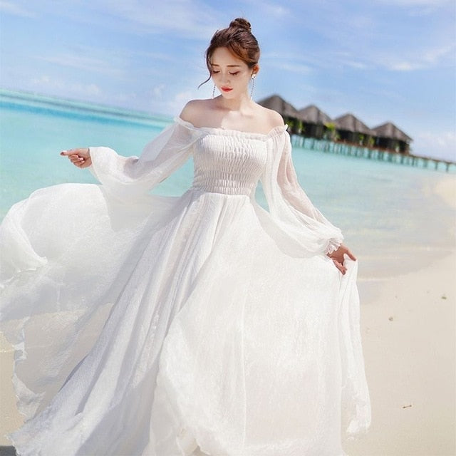 White Dress Elegant Fairy Chiffon Off Shoulder Dress Maxi Long Sleeve Sexy Beach Dresses Women Boho Autumn Clothes  Vintage