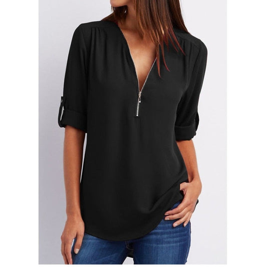 liwuka Women Shirts Summer Autumn Casual V-neck Chiffon Blouse Women Top Camisa Feminina Long Sleeve Black White Ladies Blouses Shirt