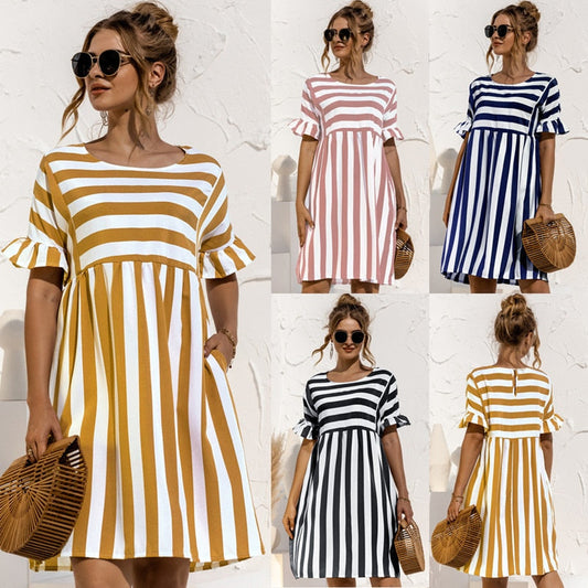 liwuka  Summer New Fashion O Neck Women's Dress Casual Loose Solid Short Sleeve Ruffle Patchwork Pocket Ladies Stripe Dress