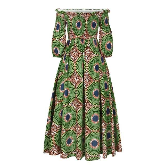 liwuka African Dresses for Women Fashion Floral Print Slash Neck Three Quarter Sleeve Maxi Dress High Waist Vintage Long Dress Autumn