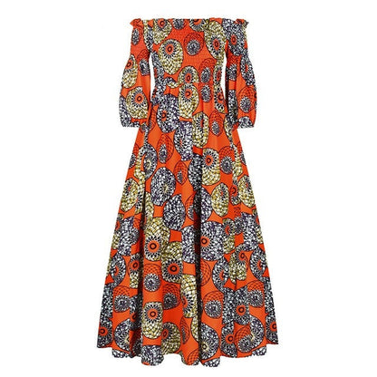 liwuka African Dresses for Women Fashion Floral Print Slash Neck Three Quarter Sleeve Maxi Dress High Waist Vintage Long Dress Autumn