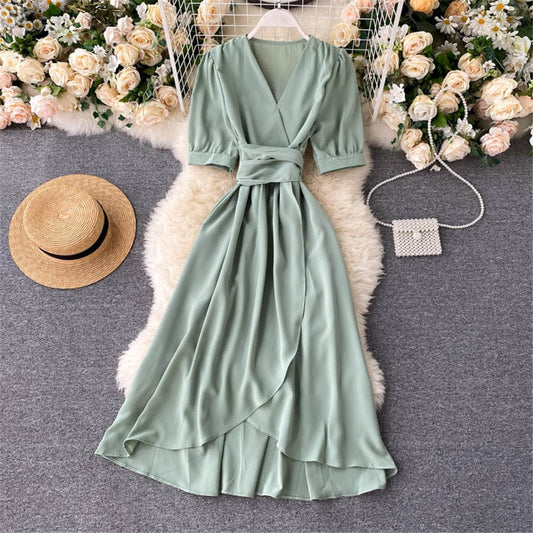 Women Summer Midi French Dress  Sweet V-Neck Puff Sleeve High Waist Elegant Woman Dresses Female Clothing New Year Atopos