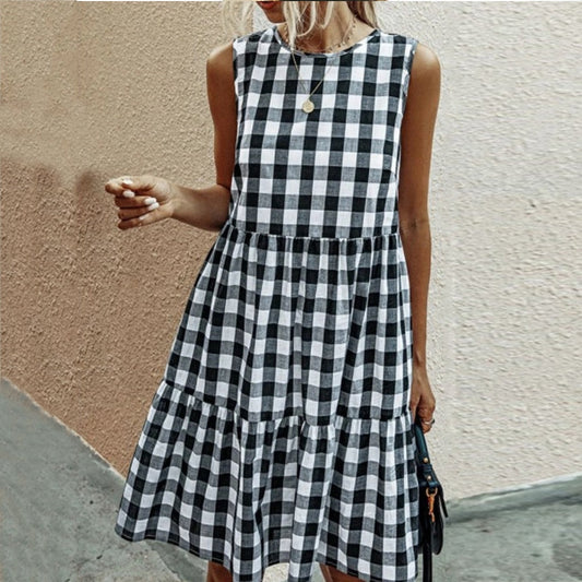 liwuka  Dresses For Women Summer Casual Loose Plaid Print Ruffled Midi Dress Sleeveless Vintage Ladies Dress Vacation Sundress