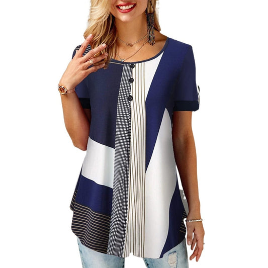 Summer Women Loose Casual Printed Round Neck Short Sleeves Plus Size T Shirts Summer Tops