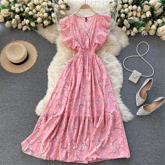 Women Printed Summer French Dress  V-Neck Ruffled High Waist Beach Holiday Midi Dresses Female Sundress Fashion Sweet Gownup