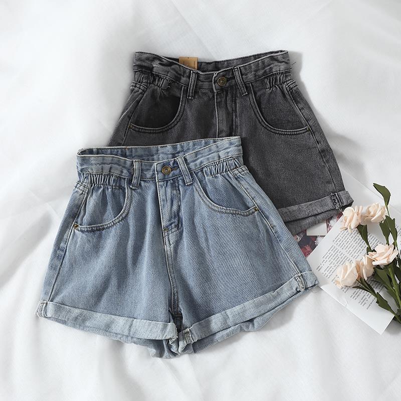 liwuka Women's denim shorts new high-waist shorts women casual loose ladies fashion large size elastic waist wide-leg short jeans