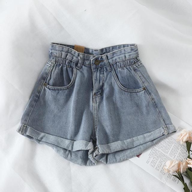 liwuka Women's denim shorts new high-waist shorts women casual loose ladies fashion large size elastic waist wide-leg short jeans