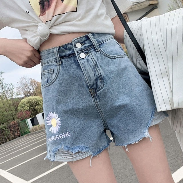 liwuka Women's denim shorts new high-waist shorts women casual loose ladies fashion large size elastic waist wide-leg short jeans