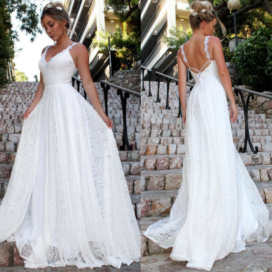 Womens Long Lace Dress Formal Party Prom Wedding Bridesmaid Ball Gown Dress White