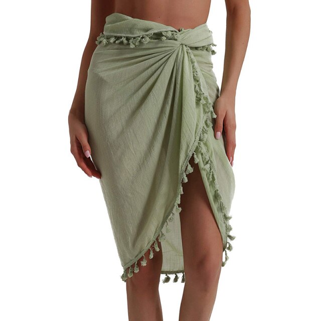 liwuka  Women Beach Dress Semi-sheer Swimwears Bikini Cover Ups Short Skirt with Tassels Chiffon Wrap Swimming Dress Sarong Pareo Shorts