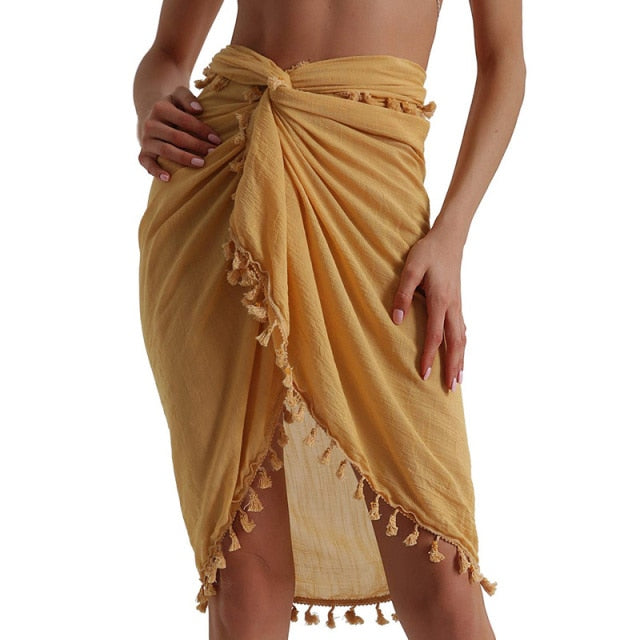 liwuka  Women Beach Dress Semi-sheer Swimwears Bikini Cover Ups Short Skirt with Tassels Chiffon Wrap Swimming Dress Sarong Pareo Shorts