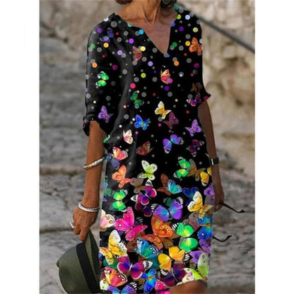 New Woman Vintage Floral Print Dress Summer Fashion Slim V-Neck Half Sleeve Midi Dresses Female Elegant A-Line Beach Dress