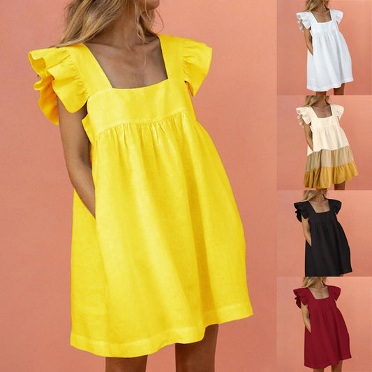 Women Ruffled Mini Dress Summer Cute Square Collar Pocket Dresses Elegant Butterfly Sleeve Beach Party Female Dresses Vestidos