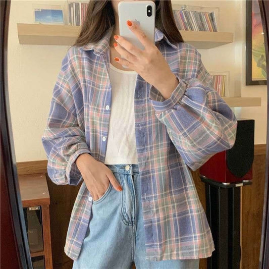 liwuka Plaid Shirts Women Lantern Sleeve Cardigan Vintage Top Pink Purple Checkered Beautiful Blouse Fashion Button Up Oversize