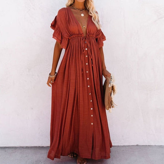 liwuka  Summer Beach Maxi Dress Women Pleated Drawstring High Waist Long Dress Solid Boho Casual V-Neck Sexy Party Dresses