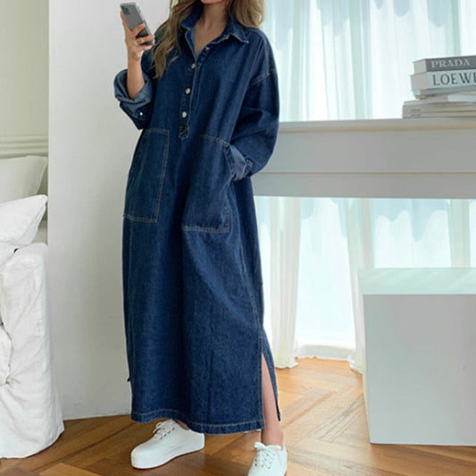 Women's Autumn Long Sleeve Denim Shirt Dress Button Pocket Jeans Maxi Dresses Casual Loose Female Street Wear Denim Robe