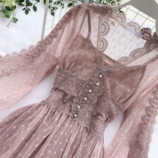 Women Mesh Lace Crochet Dresses V-neck Elegant Prom Puff Sleeves Dress Women Summer Dot Prom Party Sexy Slim Swing Long Dress