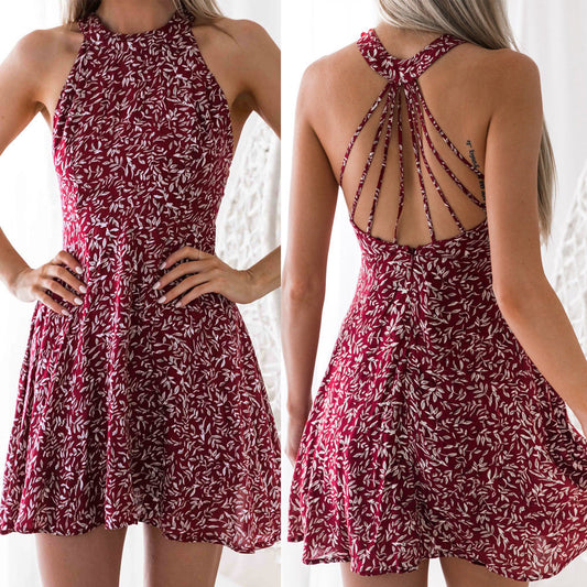 Womens Boho Beach Summer Holiday tumblr Sundress Halter Floral Mini Dress Ladies Slim Sleeveless