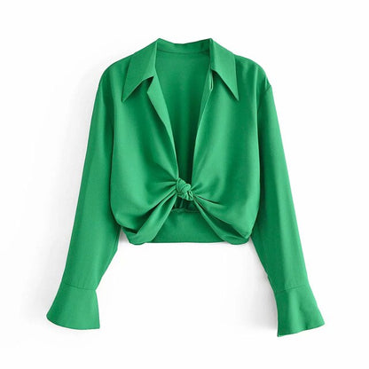 XIKOM  Summer Women Vintage Elegant Green Shirt Female Sexy V Neck Streetwears Blouses Casual Tie Slim Shirt Chic Blusas Top