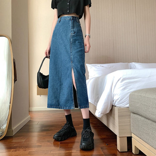 liwuka Summer Women Korean Style Fashion Long Jeans Midi Loose Skirts Dark Light Blue Split High Waist Denim Vintage Female Fall