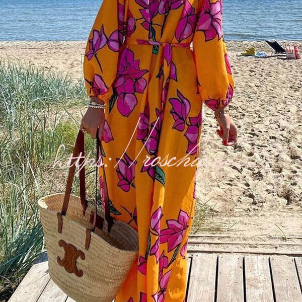 Gramercy Garden Floral Print Pocket Belted Long Sleeve Maxi Dress