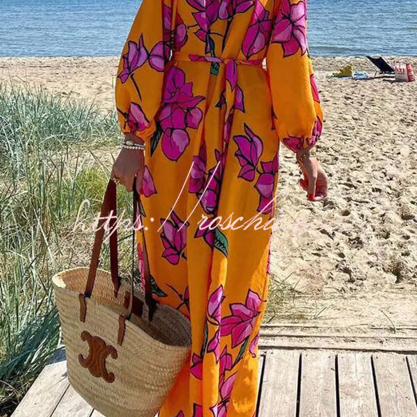 Gramercy Garden Floral Print Pocket Belted Long Sleeve Maxi Dress
