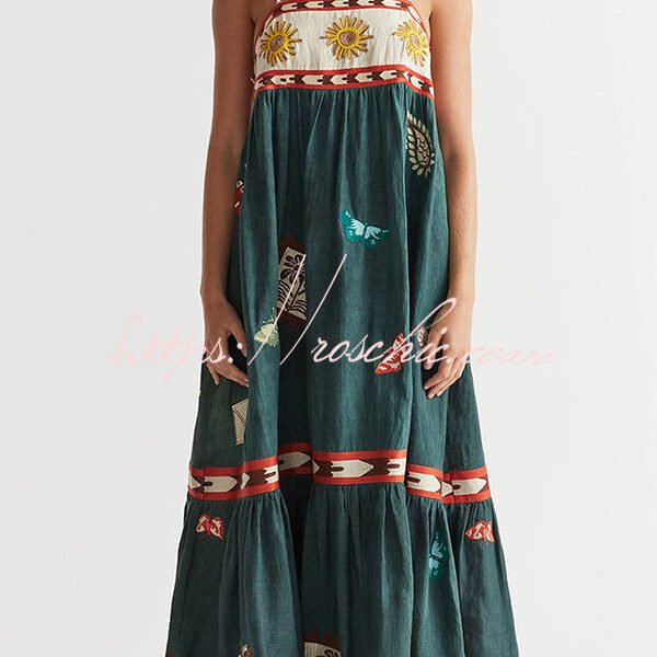 Unique Printed Sexy Suspender Backless Large Hem Maxi Dress