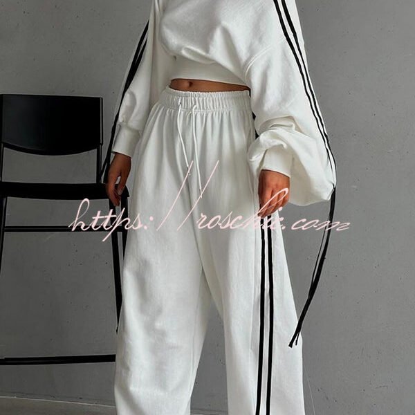 Contrast Color Webbing Casual Sweatshirt and Elastic Waist Tie Loose Pants Set