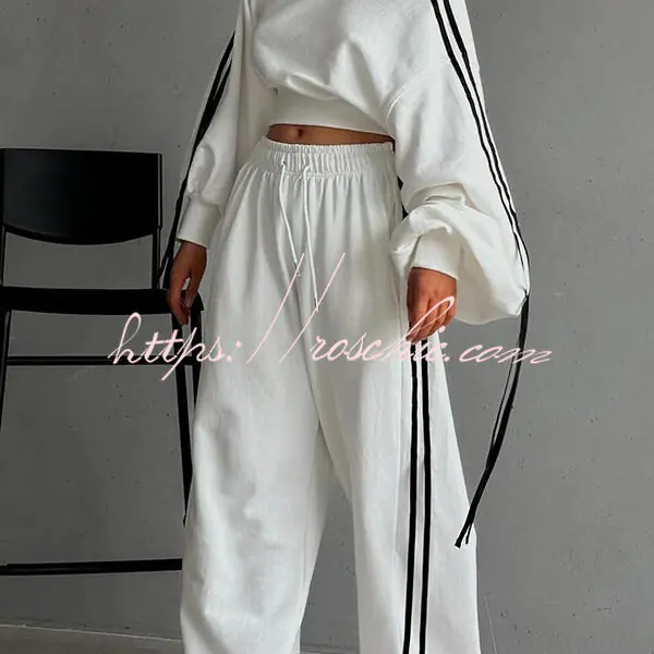 Contrast Color Webbing Casual Sweatshirt and Elastic Waist Tie Loose Pants Set