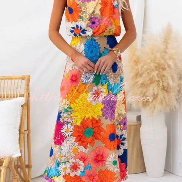 Land of Beauty Floral Print Halter Neck Elastic Waist Party Maxi Dress