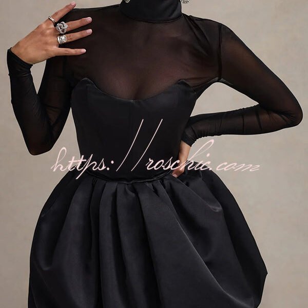 Elegant Mesh High Neck Long Sleeve Puff Hem Slim Sexy Mini Dress