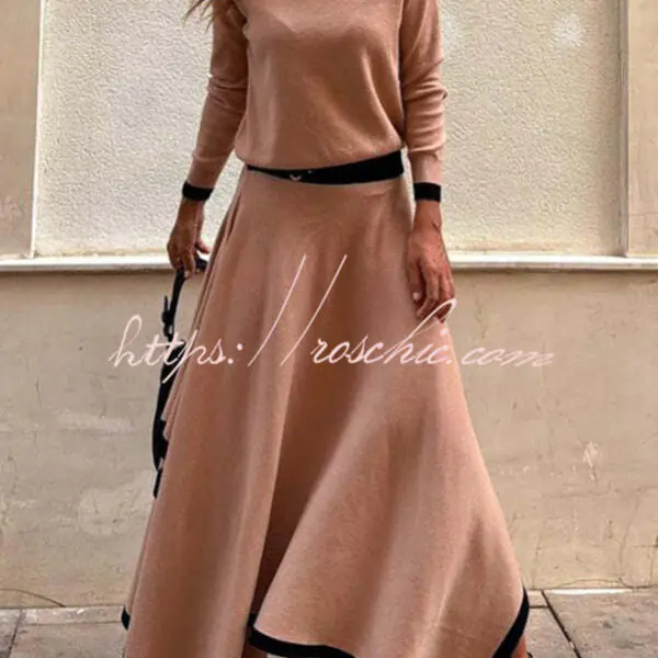 Kadie Colorblock Elastic Waist Buckle Detail Irregular Hem Maxi Skirt