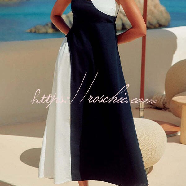 Simple and Stylish Contrast Color Sling Back Smocked Maxi Dress